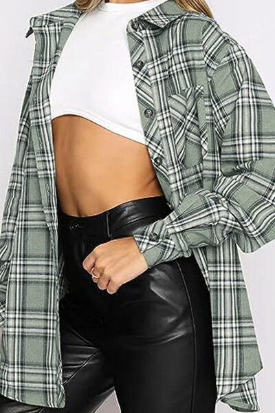 Plaid Collared Neck Long Sleeve Shirt - Drazelle Store