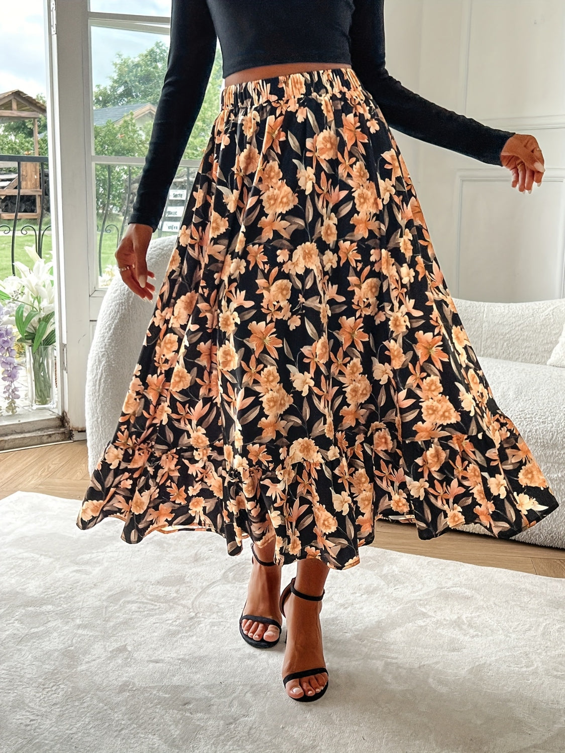 Floral Elastic Waist Midi Skirt - Drazelle Store