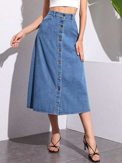 Buttoned Midi Denim Skirt with Pockets - Drazelle Store