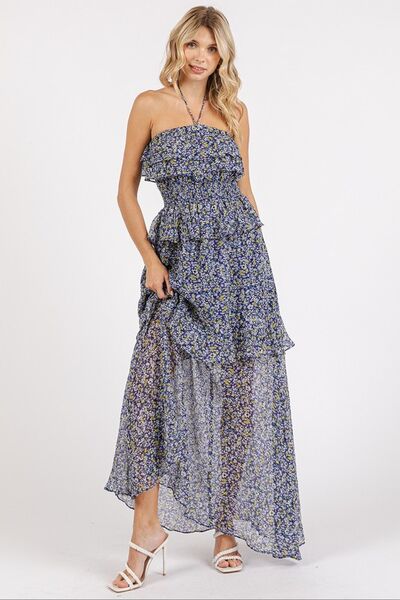 Mittoshop Ruffled Smocked Floral Halter Neck Maxi Dress - Drazelle Store