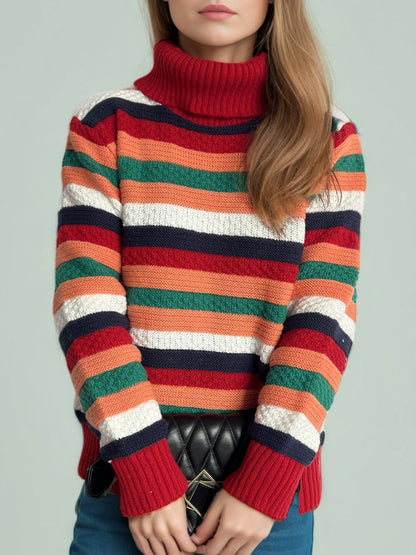 Contrast Stripes Turtleneck Long Sleeve Sweater - Drazelle Store