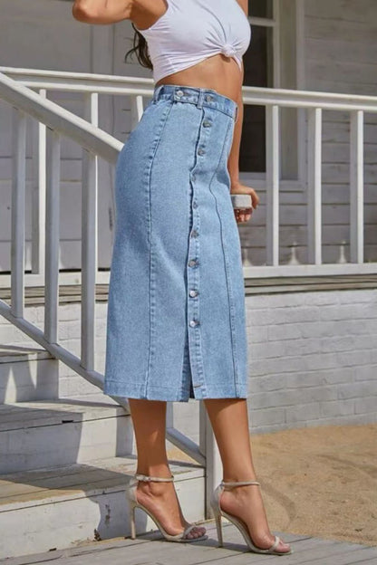 Buttoned Split Denim Skirt - Drazelle Store