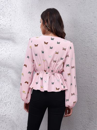 Butterfly V-Neck Balloon Sleeve Peplum Blouse - Drazelle Store