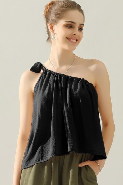 Ninexis One Shoulder Bow Tie Strap Satin Silk Top - Drazelle Store