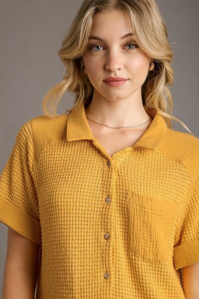 Umgee Full Size Waffle-Knit Short Sleeve Button Down Shirt - Drazelle Store