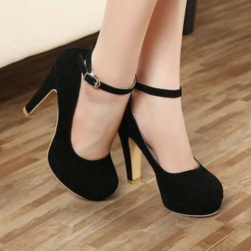 Chunky Heel Pumps Women's Black High Heels With Solid Color Buckle - Drazelle Store