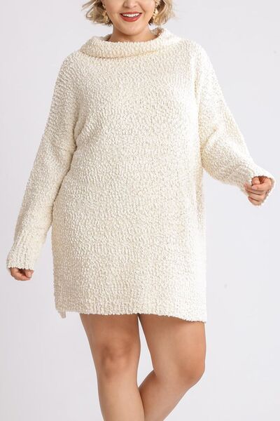 Umgee Full Size High Low Long Sleeve Boucle Sweater Dress - Drazelle Store