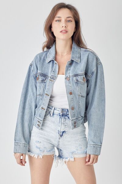 RISEN Full Size Button Down Cropped Denim Jacket - Drazelle Store