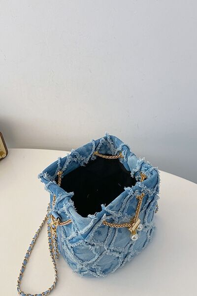 Chain Drawstring Raw Edge Denim Bucket Bag - Drazelle Store