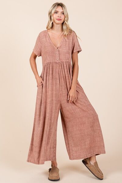 Mittoshop Mineral Wash Short Sleeve Flowy Wide Leg Jumpsuit - Drazelle Store