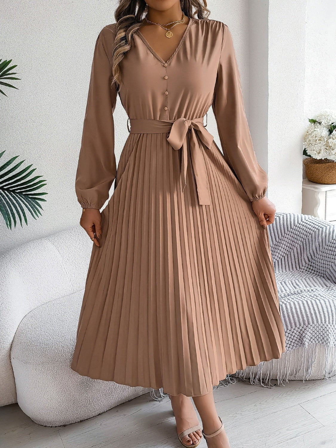 Pleated Tied V-Neck Long Sleeve Dress - Drazelle Store