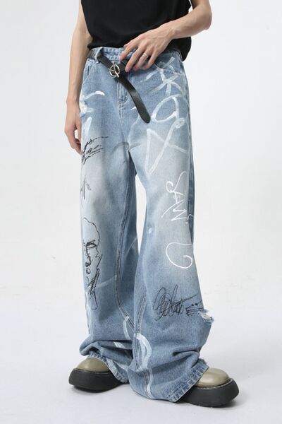 Mid Rise Graffiti Print Distressed Wide Leg Jeans - Drazelle Store