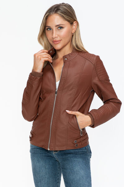 Snobbish Faux Leather Biker Jacket with Side Zip Pockets - Drazelle Store