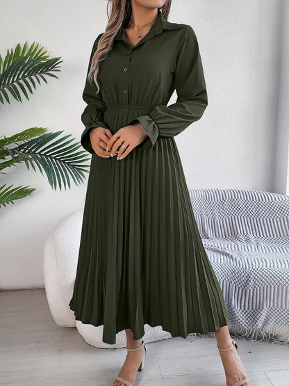 Pleated Half Button Long Sleeve Midi Dress - Drazelle Store