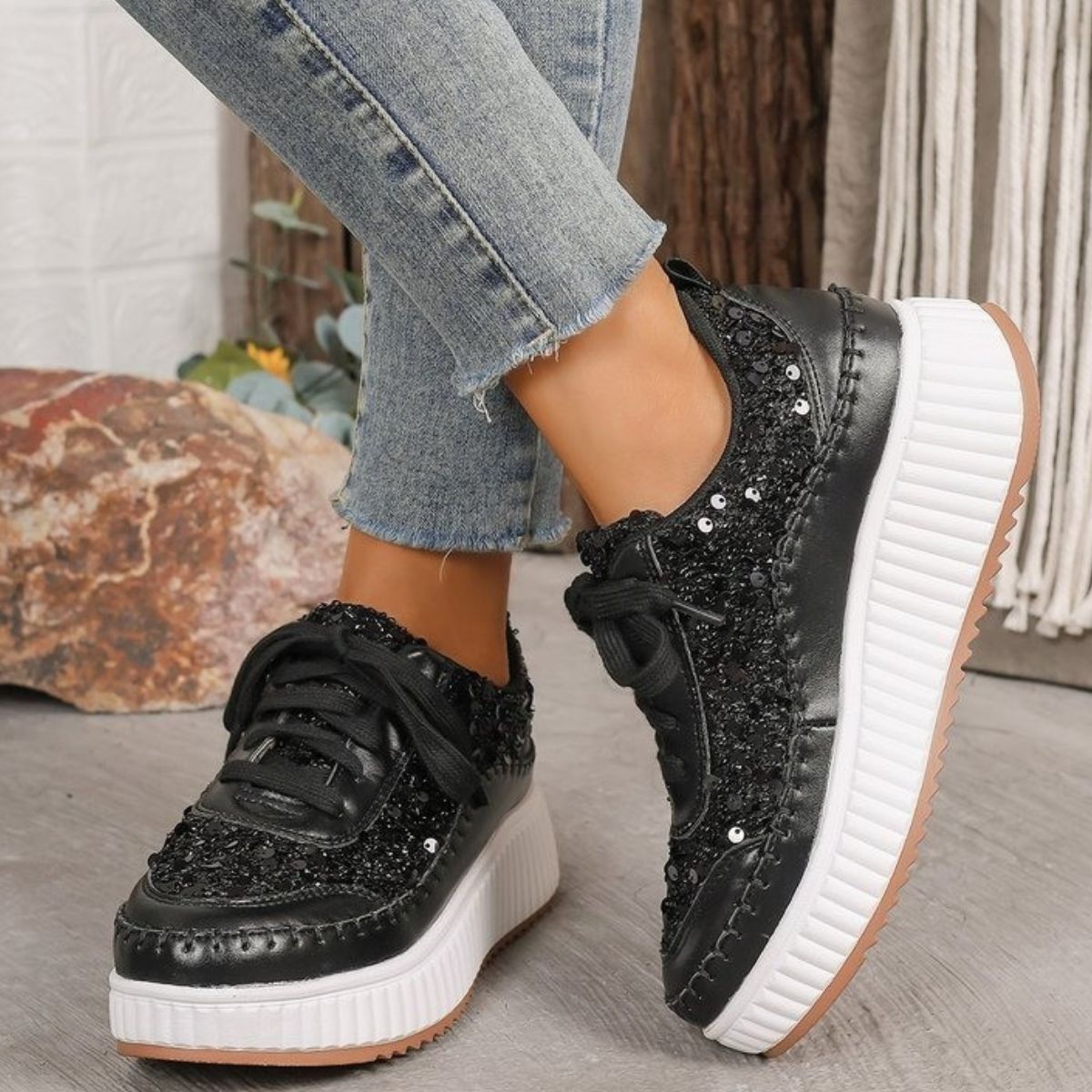 Sequin Round Toe Platform Lace Up Sneakers - Drazelle Store