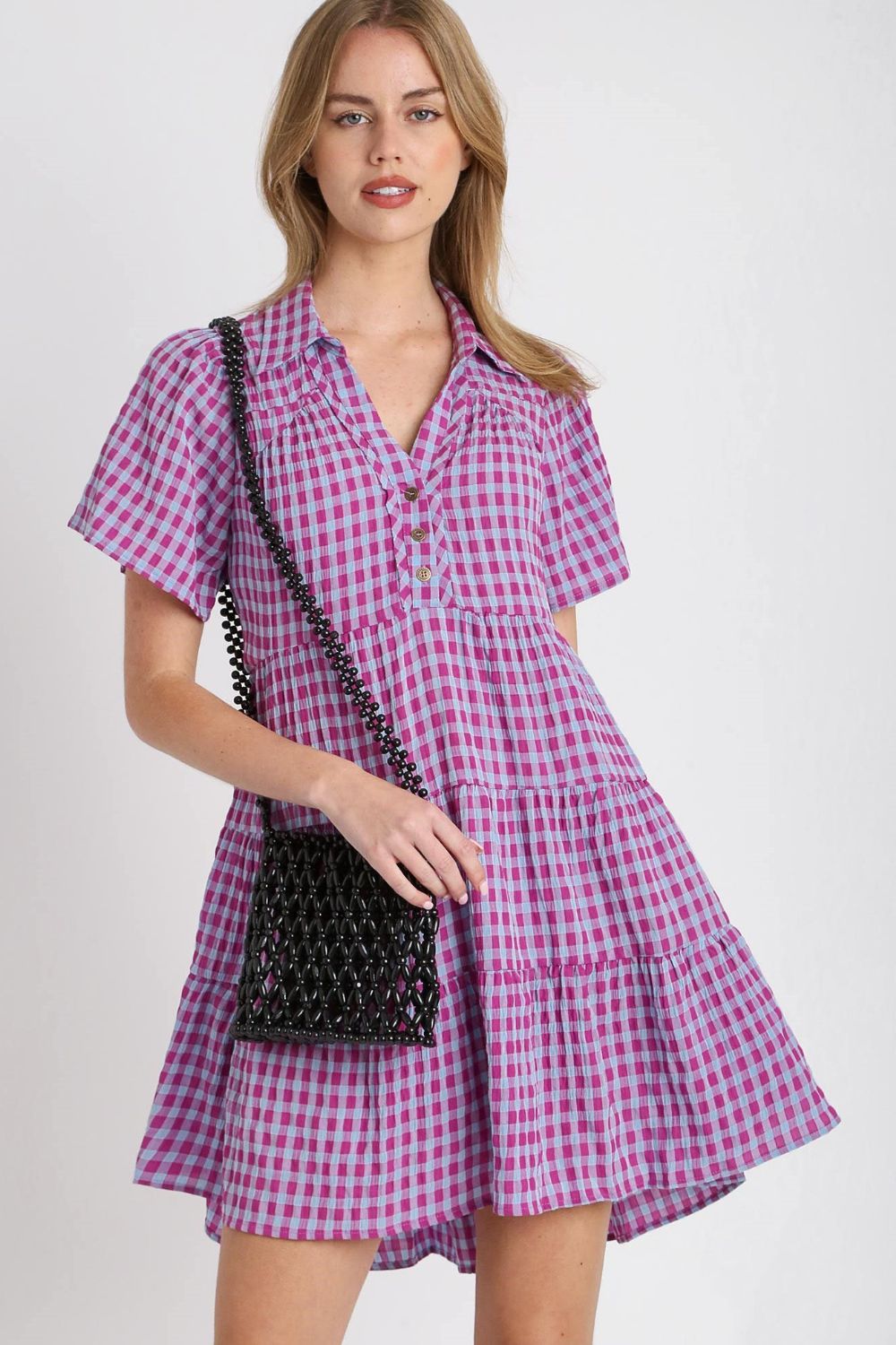 Gingham Tiered Button Detail Short Sleeve Dress - Drazelle Store