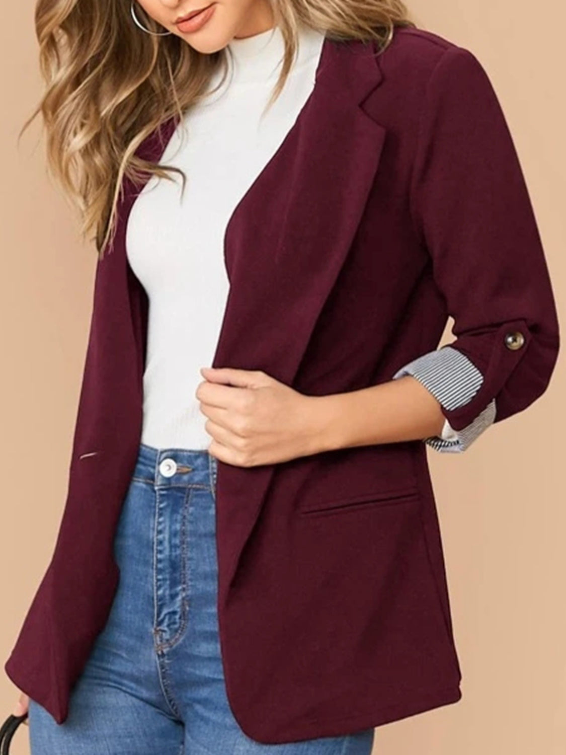 Lapel Collar Roll-Tab Sleeve Blazer - Drazelle Store