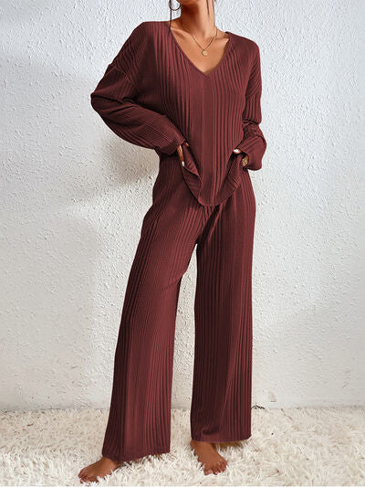 V-Neck Long Sleeve Top and Pants Set - Drazelle Store