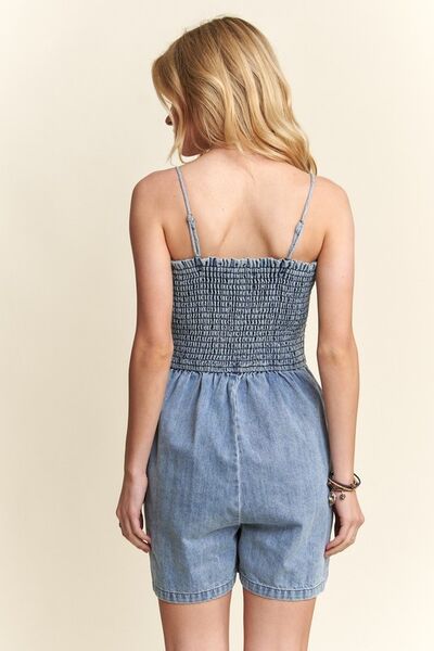 ADORA Smocked Spaghetti Strap Denim Romper - Drazelle Store