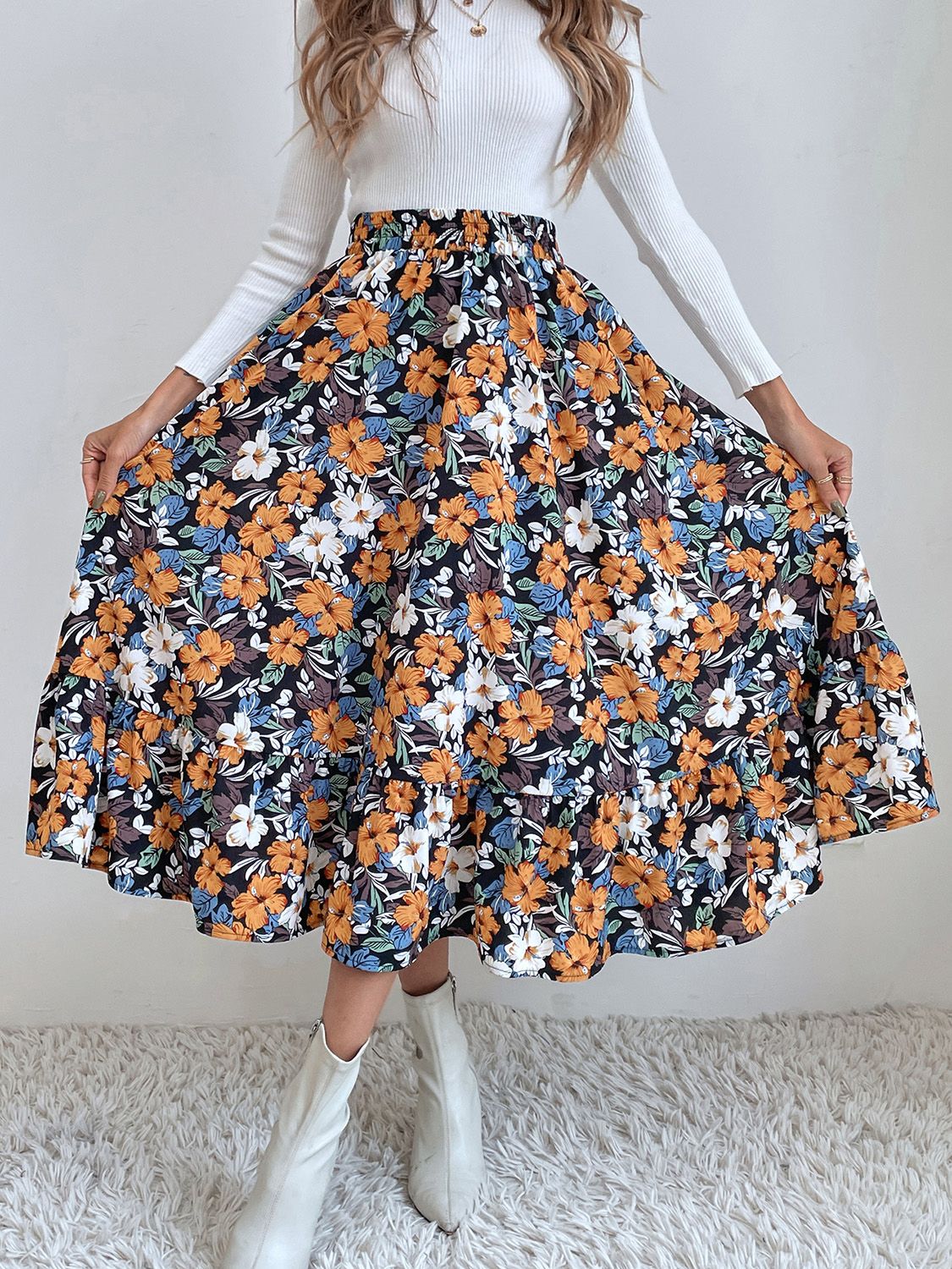 Printed Elastic Waist Midi Skirt - Drazelle Store