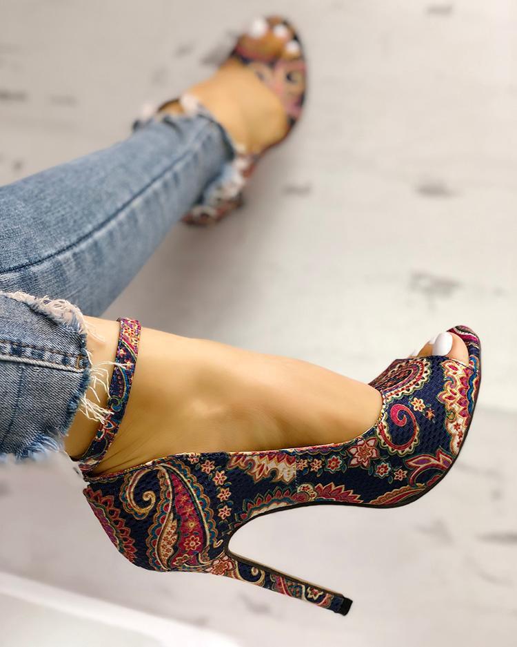 Printed toe buckle high heels - Drazelle Store