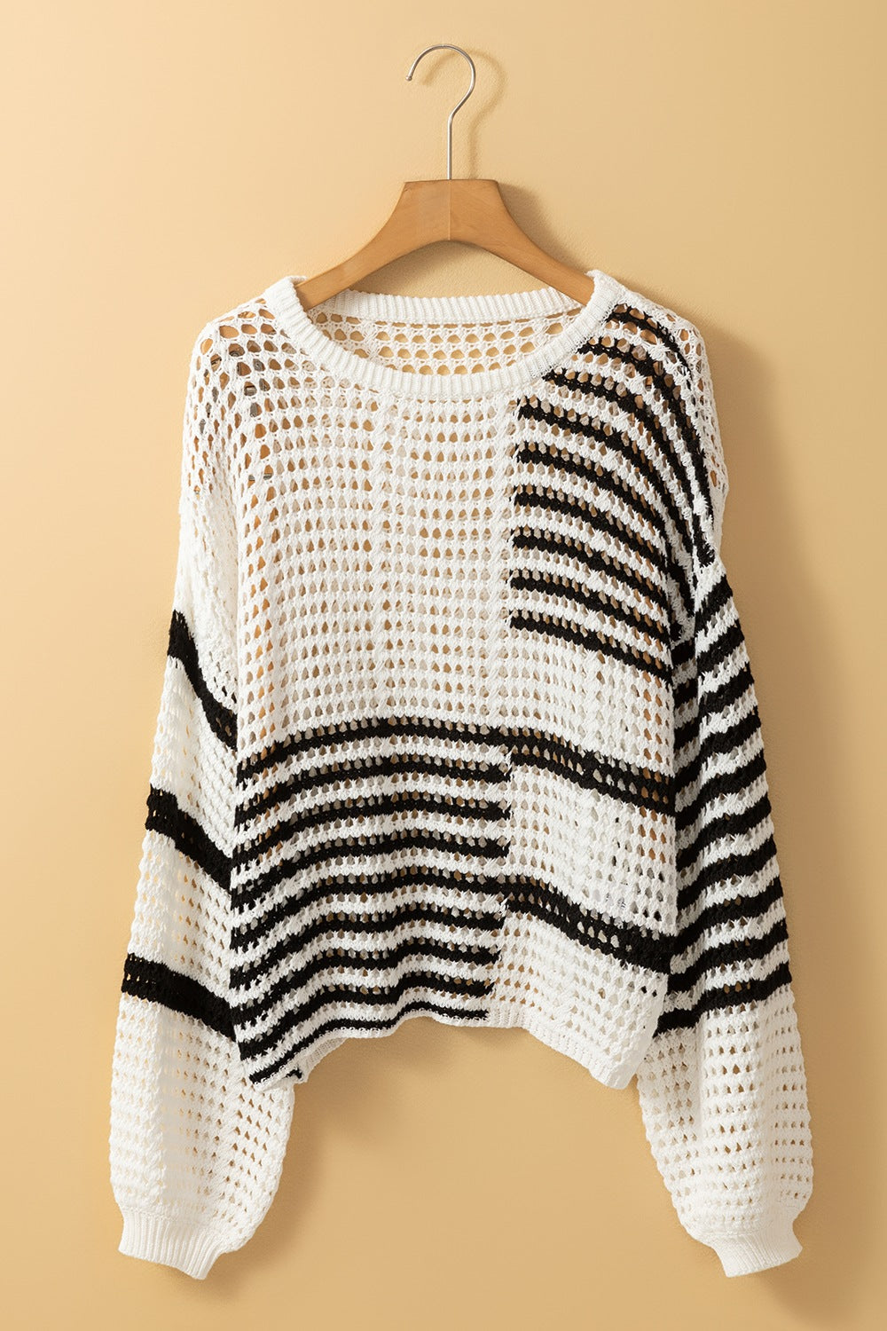 Contrast Striped Crochet Long Sleeve Knit Cover Up - Drazelle Store