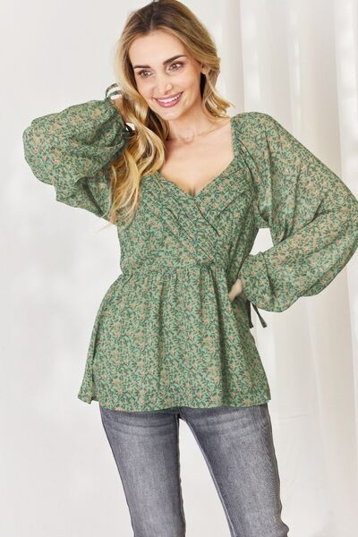 HEYSON Full Size Floral Surplice Peplum Blouse - Drazelle Store