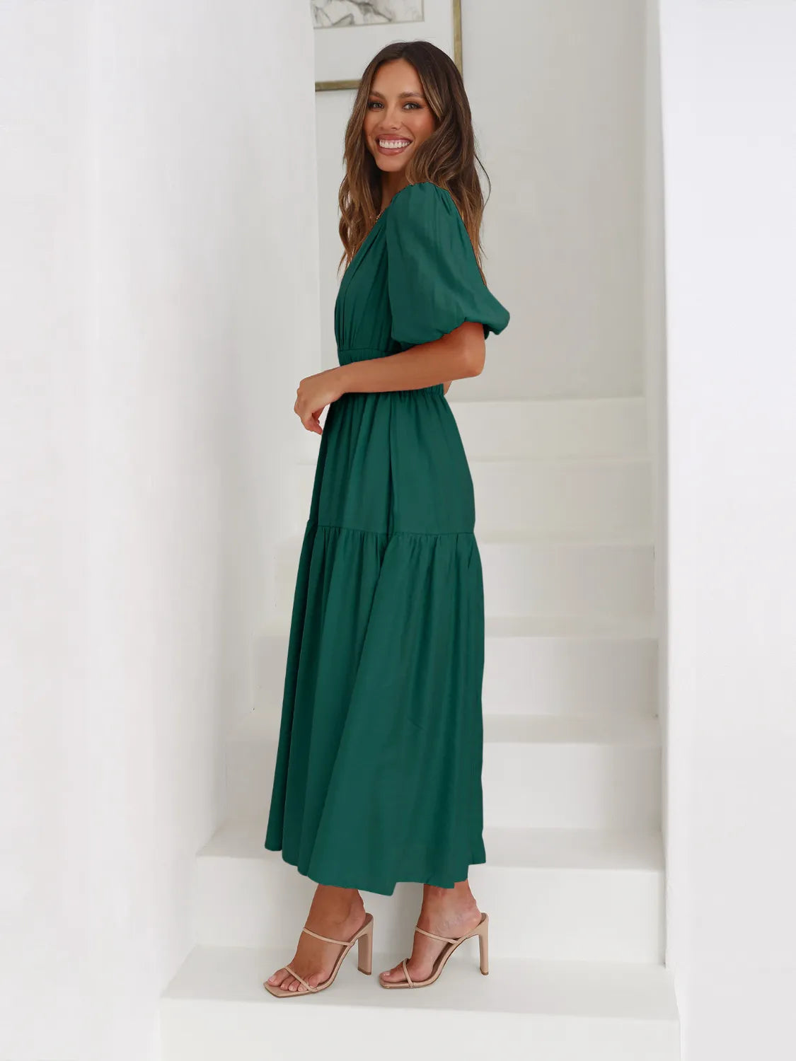 Tiered Surplice Half Sleeve Midi Dress - Drazelle Store