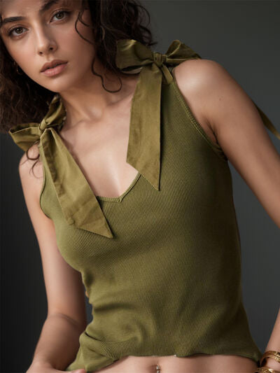 V-Neck Tie Shoulder Tank - Drazelle Store