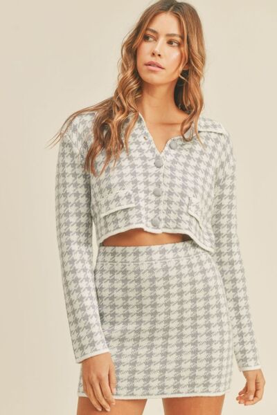 MABLE Houndstooth Cropped Knit Cardigan and Mini Skirt Set - Drazelle Store