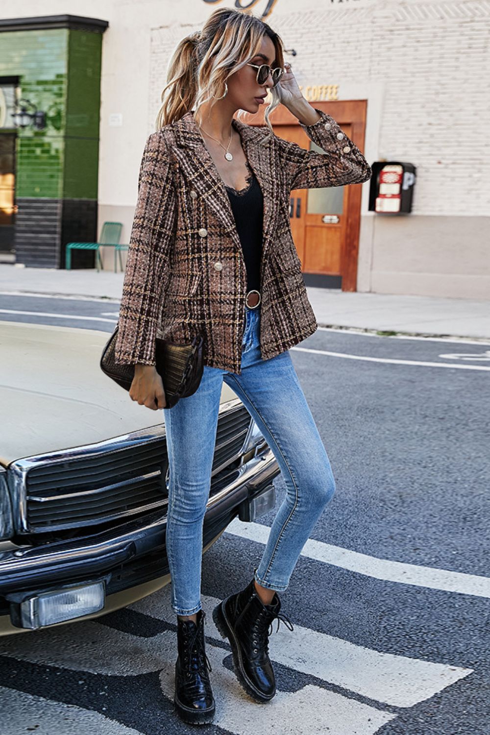 Plaid Buttoned Blazer - Drazelle Store