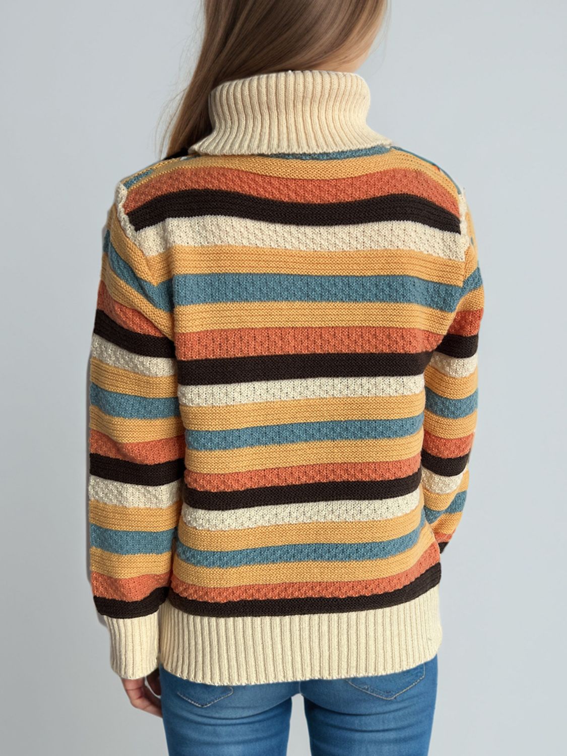 Contrast Stripes Turtleneck Long Sleeve Sweater - Drazelle Store