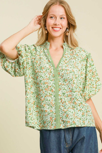 Floral Print Puff Sleeve Top - Drazelle Store