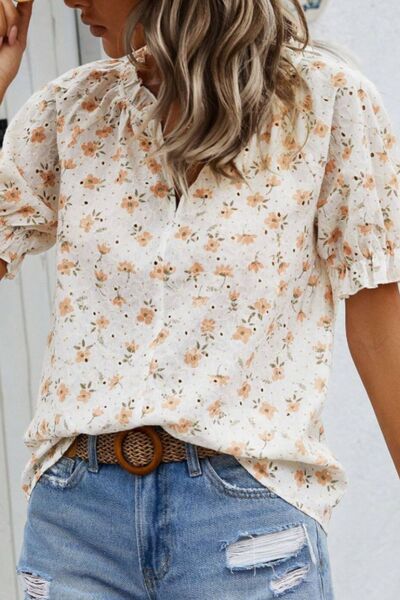 Frill Printed Notched Short Sleeve Blouse - Drazelle Store