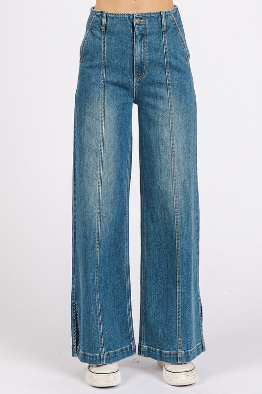 Wash Seam Detail Wide Leg Denim Jeans - Drazelle Store