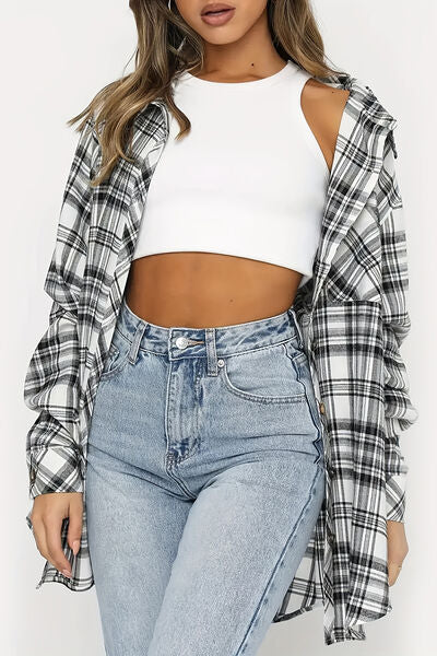 Plaid Collared Neck Long Sleeve Shirt - Drazelle Store