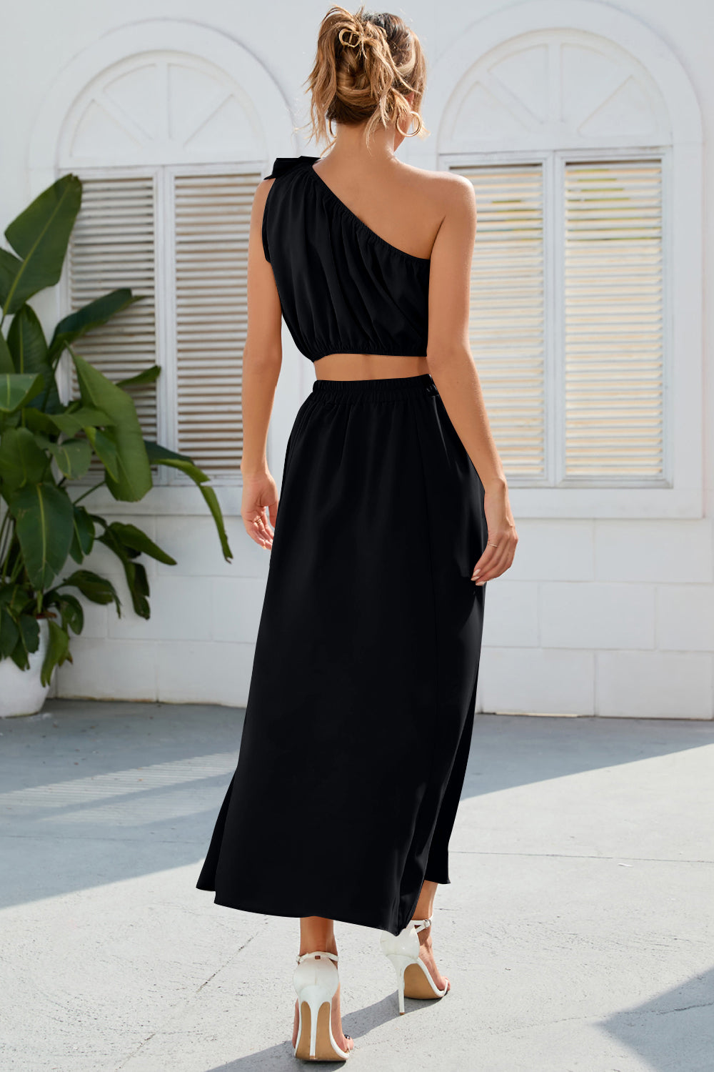 One Shoulder Top and Slit Skirt Set - Drazelle Store