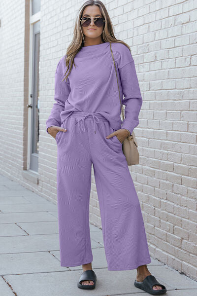 Double Take Full Size Textured Long Sleeve Top and Drawstring Pants Set - Drazelle Store