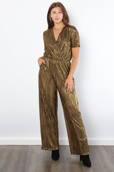 Be Stage Surplice Short Sleeve Pleated Foil Jumpsuit - Drazelle Store