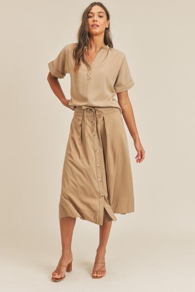 MABLE Short Sleeve Top and Button Down Midi Skirt Set - Drazelle Store