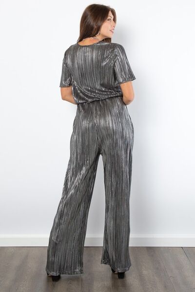 Be Stage Surplice Short Sleeve Pleated Foil Jumpsuit - Drazelle Store