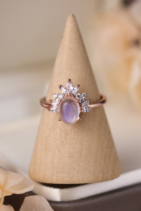  Natural Moonstone 18K Rose Gold-Plated 925 Sterling Silver Ring - Drazelle Store