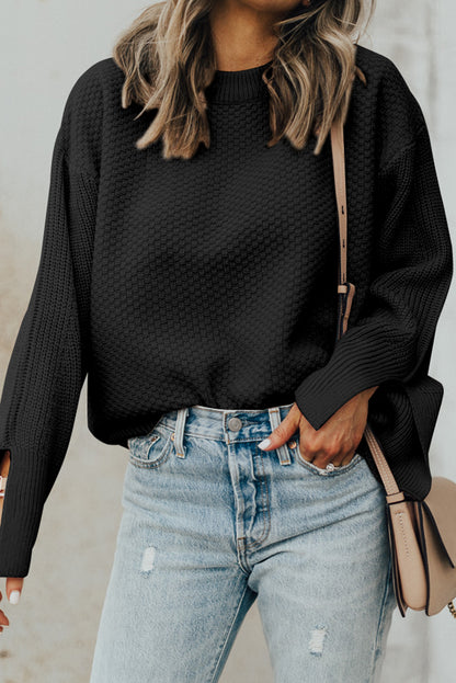 Textured Round Neck Long Sleeve Sweater - Drazelle Store