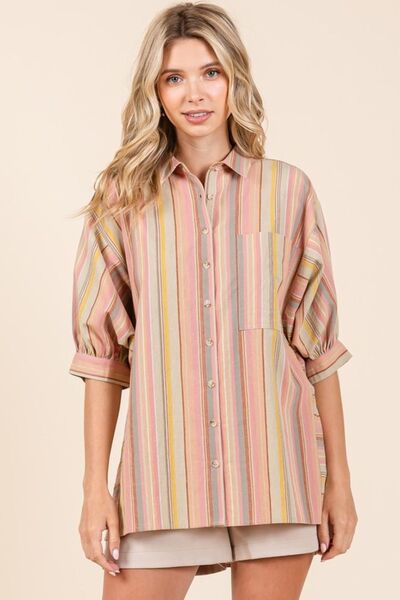 Mittoshop Striped Bubble Sleeve Button Down Shirt - Drazelle Store