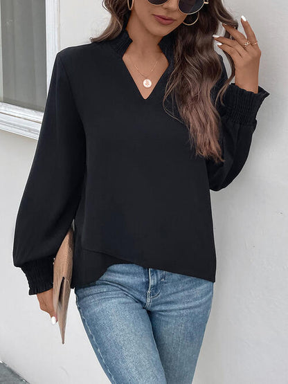 Perfee Smocked Notched Long Sleeve Blouse - Drazelle Store