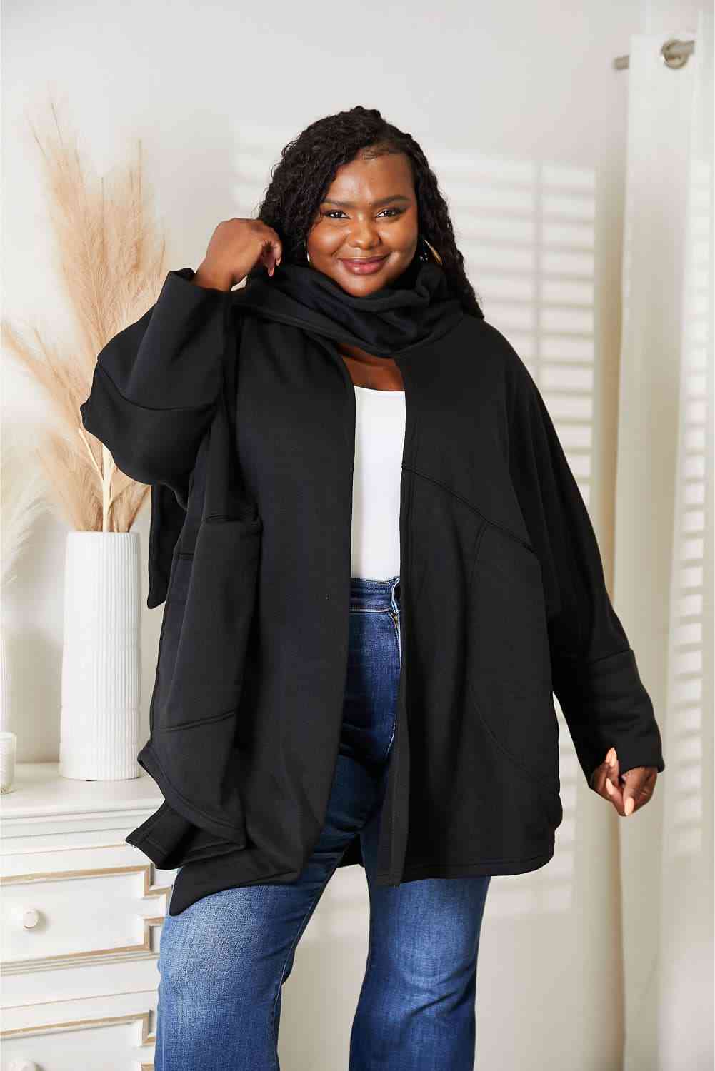 HEYSON Full Size Open Front Cardigan with Scarf Design - Drazelle Store