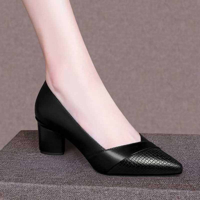 Genuine Leather Thick Heel Mid-heel Pointed Toe Women's Pumps - Drazelle Store