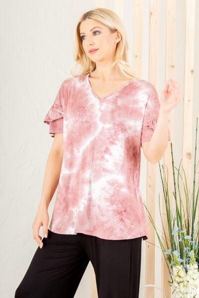 Heimish Full Size Ruffled Sleeve Tie Dye Top Plus Size - Drazelle Store