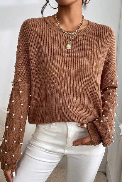 Pearl Detail Round Neck Long Sleeve Sweater - Drazelle Store