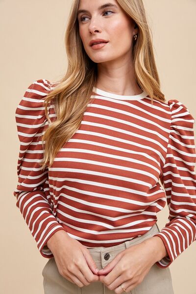 Annie Wear Striped Round Neck Puff Sleeve French Terry Top - Drazelle Store